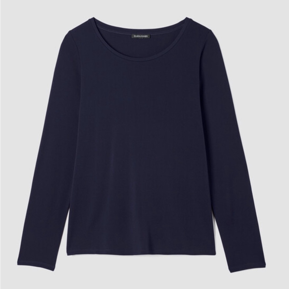 Eileen Fisher Women's Stretch Navy Jersey Scoop Neck Long Sleeve Top, size large